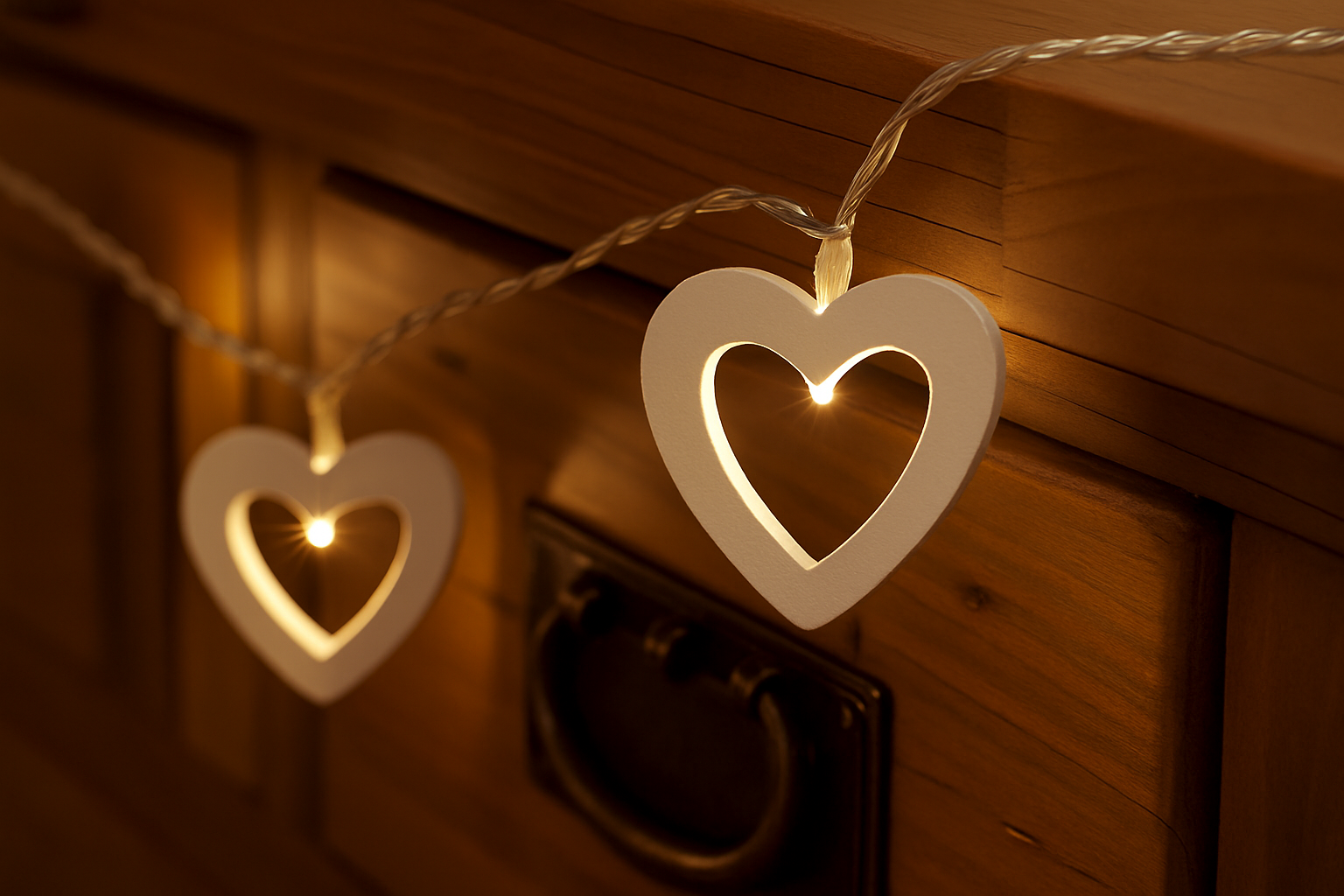 Heart-shaped string lights on a wooden surface