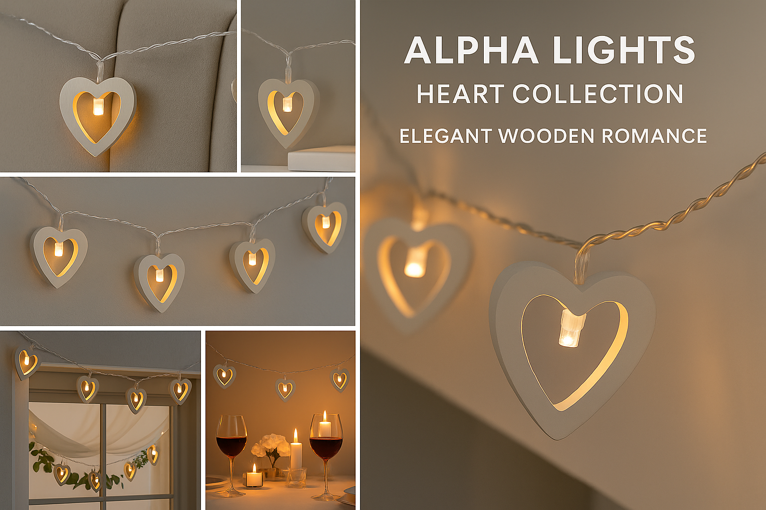 Heart-shaped string lights with 'Alpha Lights' branding on a neutral background.