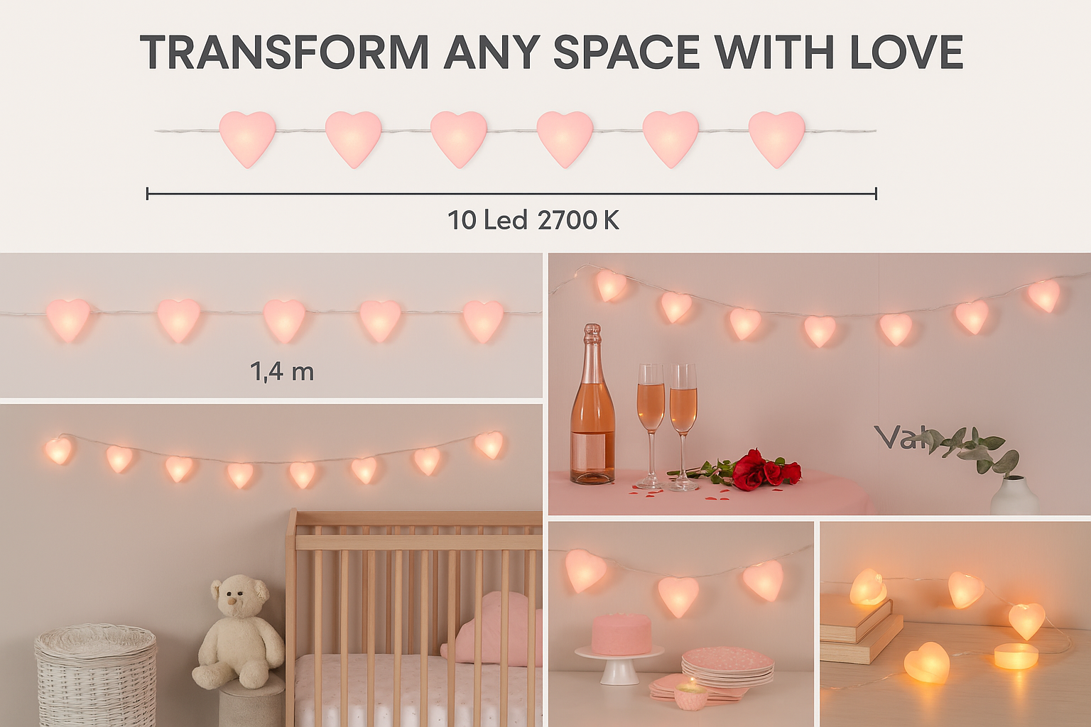 Heart-shaped string lights with a measurement label and examples of use in a room.