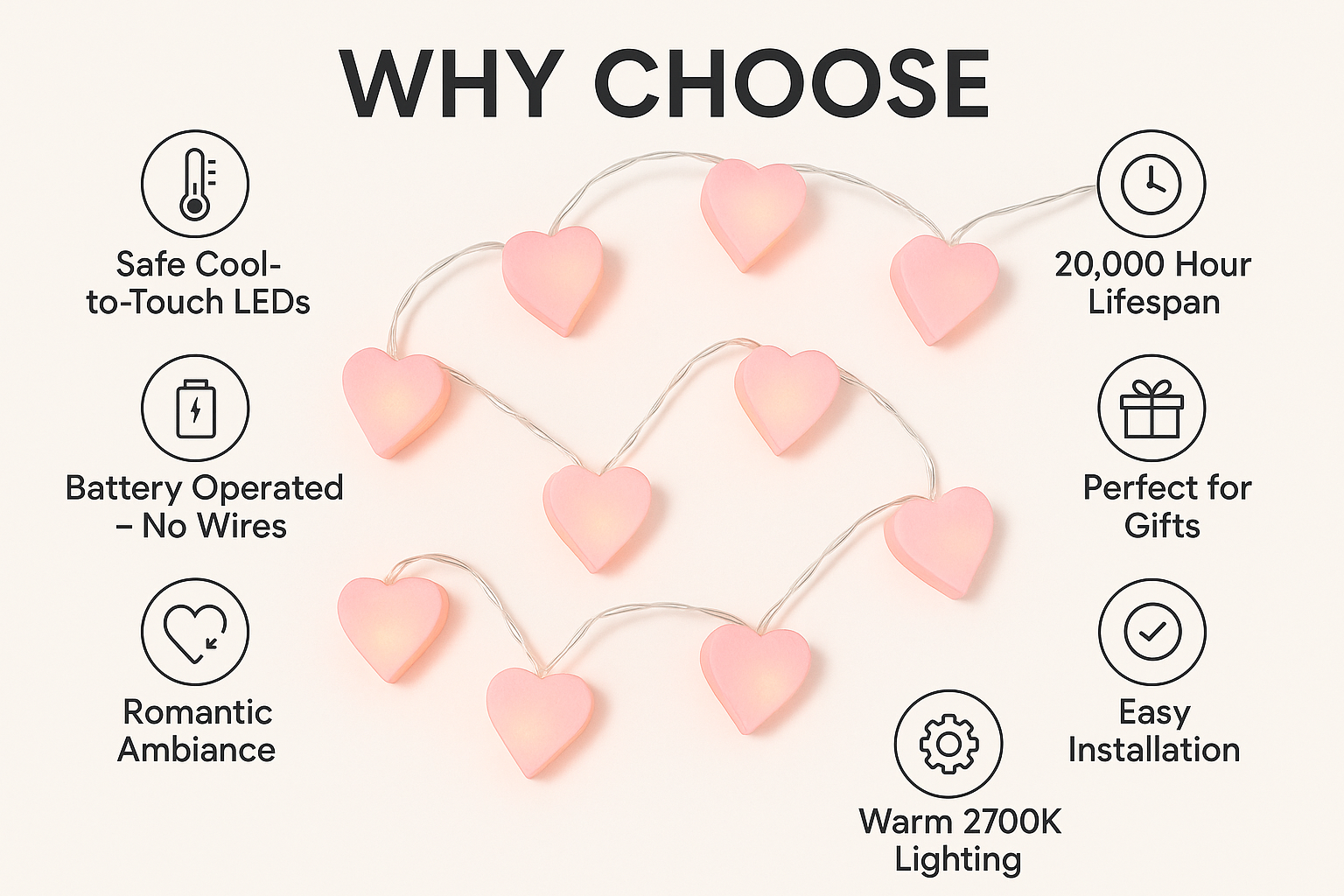 Heart-shaped string lights with features listed on a white background