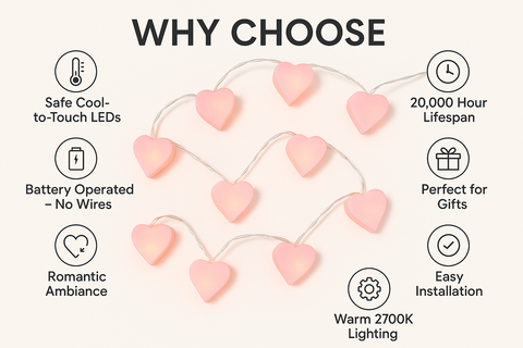 Heart-shaped string lights with features listed on a white background
