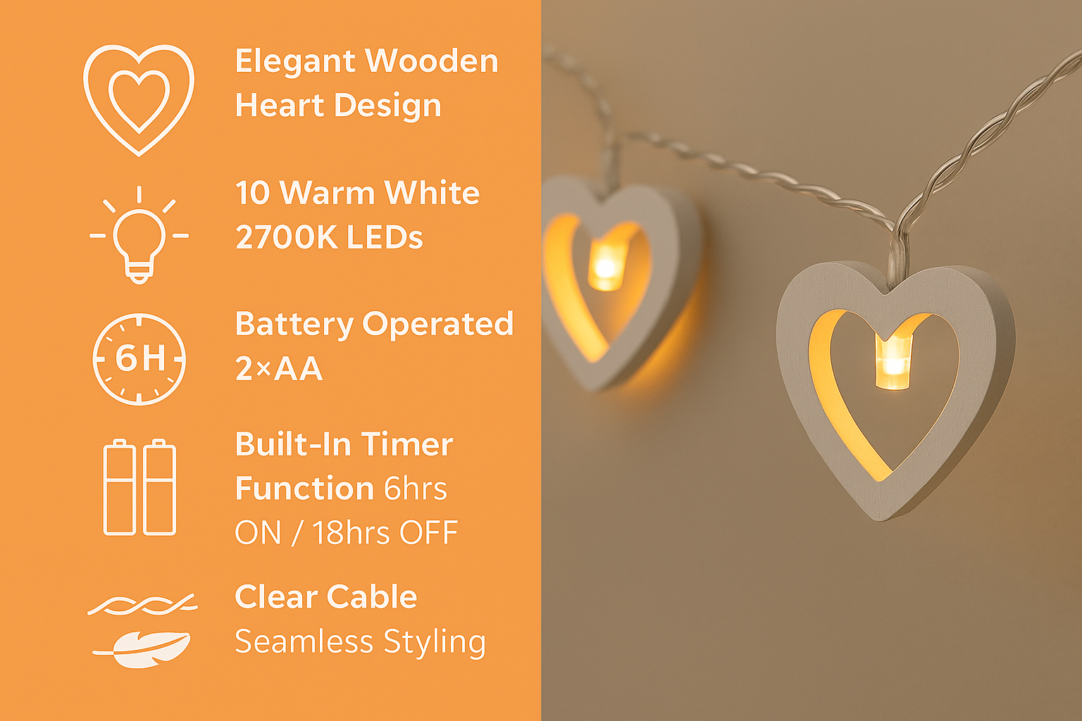 Heart-shaped string lights with product details on an orange background