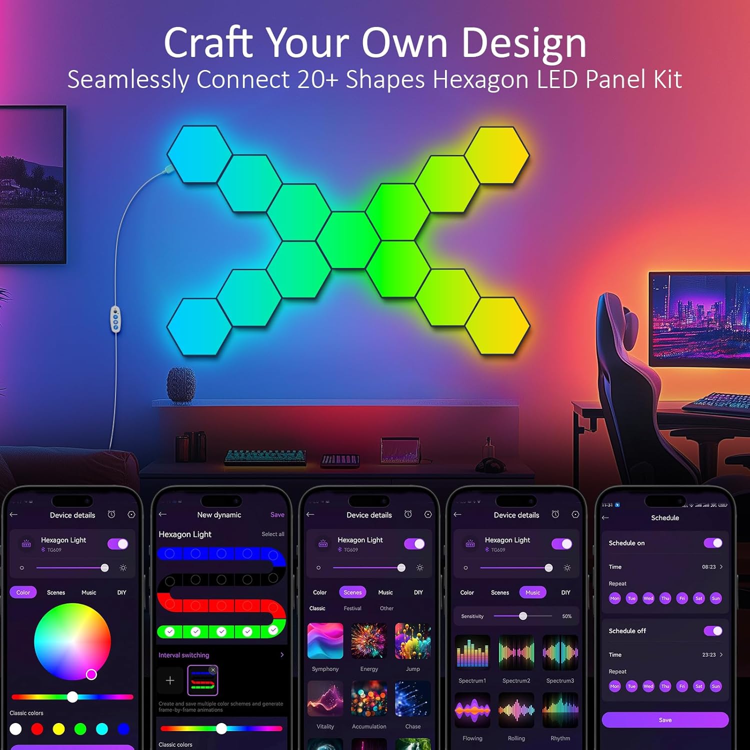 Hexagon LED panel kit with colorful display and smartphone app controls in a room setting.