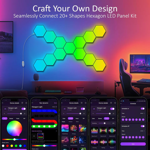Hexagon LED panel kit with colorful display and smartphone app controls in a room setting.