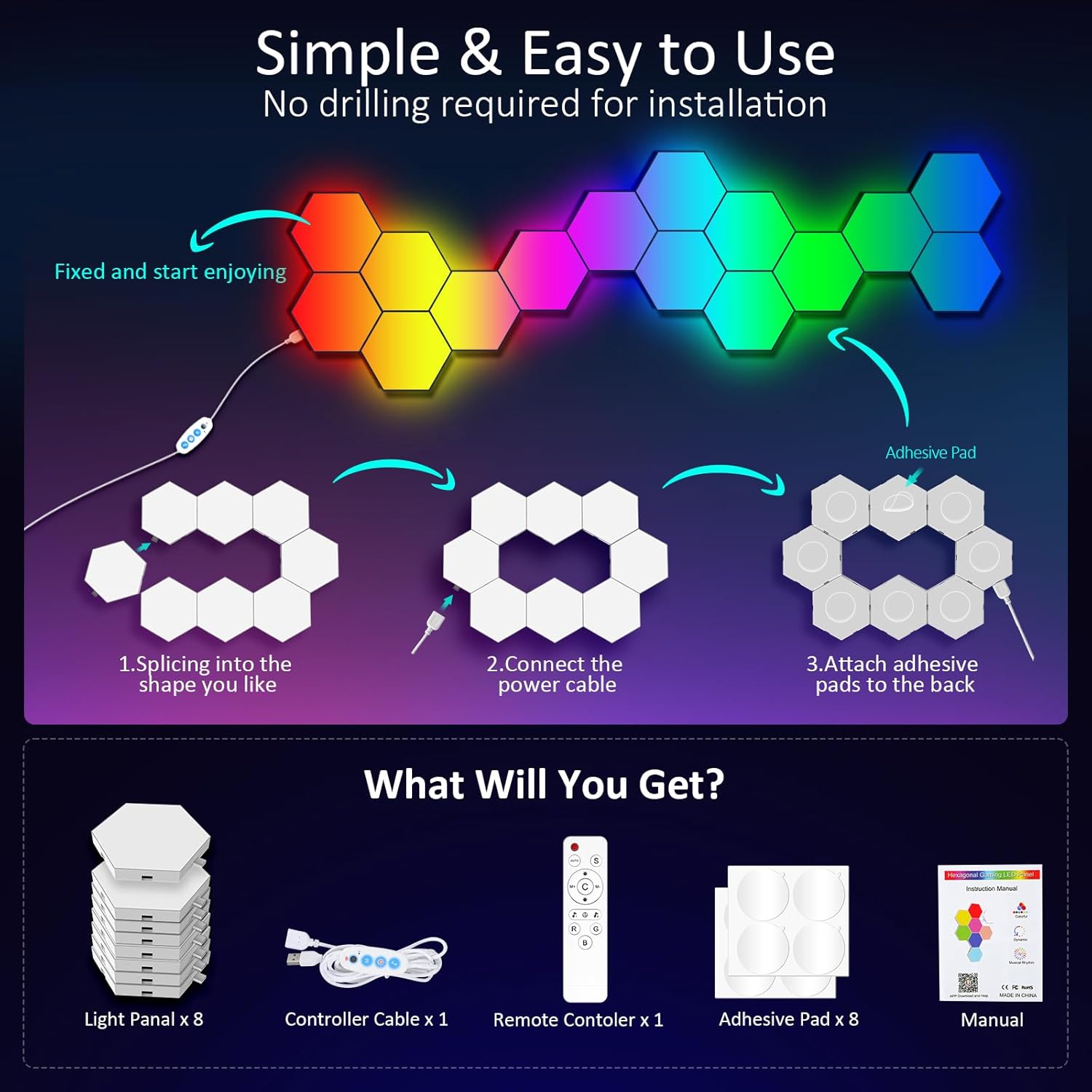 Hexagonal LED light panel with installation instructions and product components on a dark background