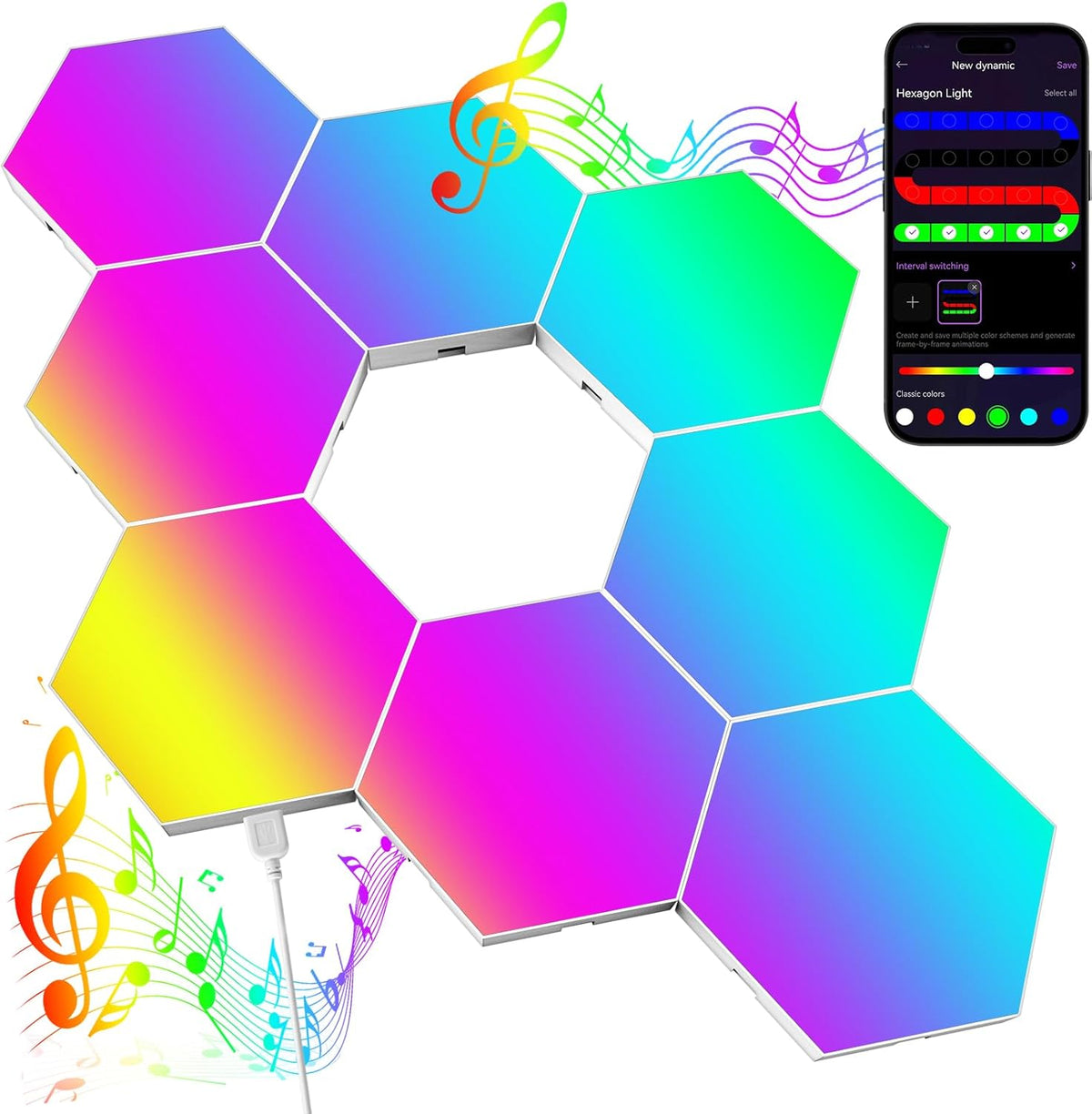 Hexagonal LED lights with colorful gradient and smartphone app interface on a white background