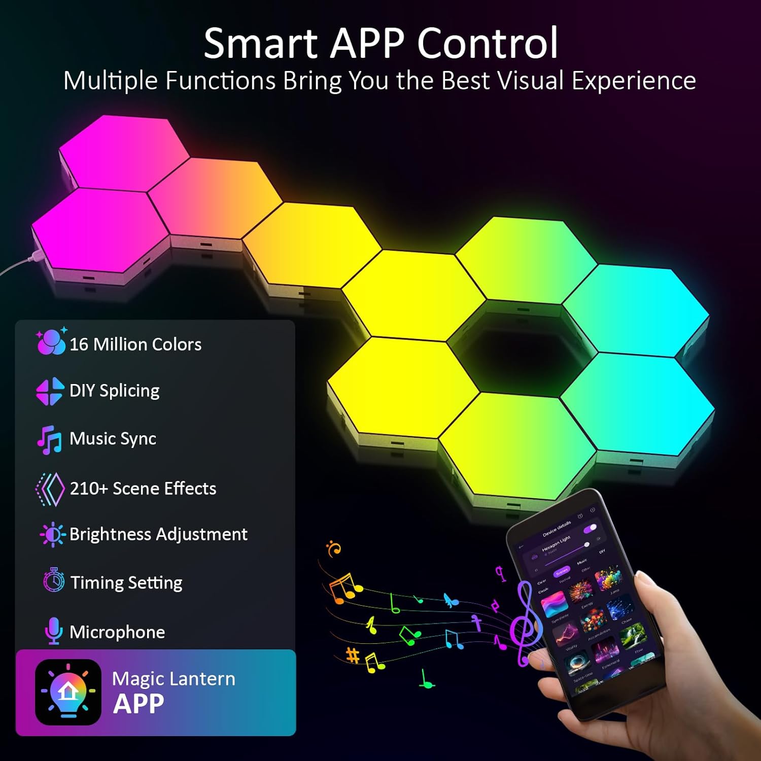 Hexagonal LED lights with smart app control features on a dark background
