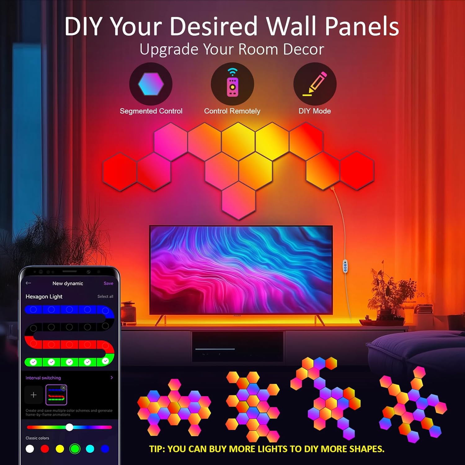 Hexagonal LED lights with smartphone control app on a wall, displaying colorful lighting effects.