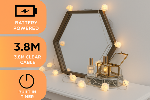 Hexagonal mirror with lights on a shelf, battery-powered with clear cable and timer feature.