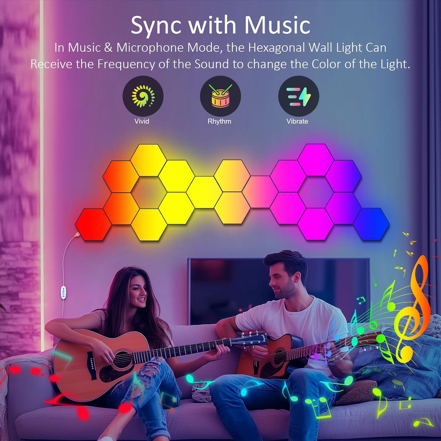 Hexagonal wall light synced with music in a living room setting with two people playing guitars.