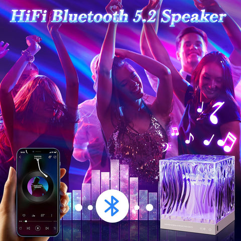 HiFi Bluetooth 5.2 speaker with people dancing and smartphone interface in a vibrant setting