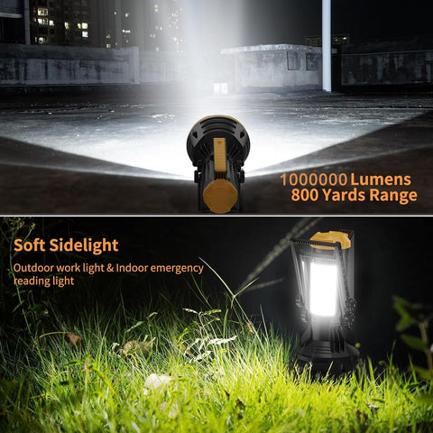 High-intensity flashlight with 1000000 lumens and 800 yards range, shown in two settings: on a dark surface and in grass.