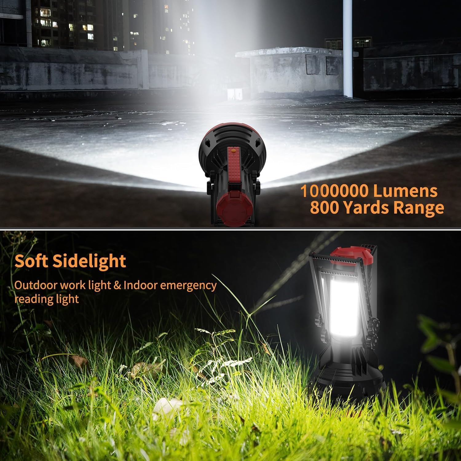 High-intensity flashlight with 1000000 lumens and 800 yards range, used outdoors and indoors.