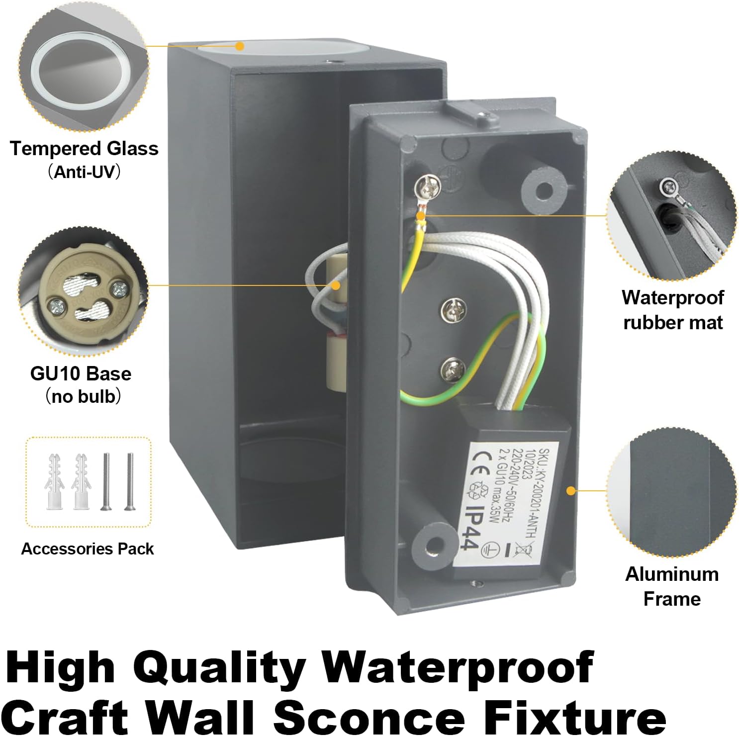 High-quality waterproof craft wall sconce fixture with labeled components on a white background.