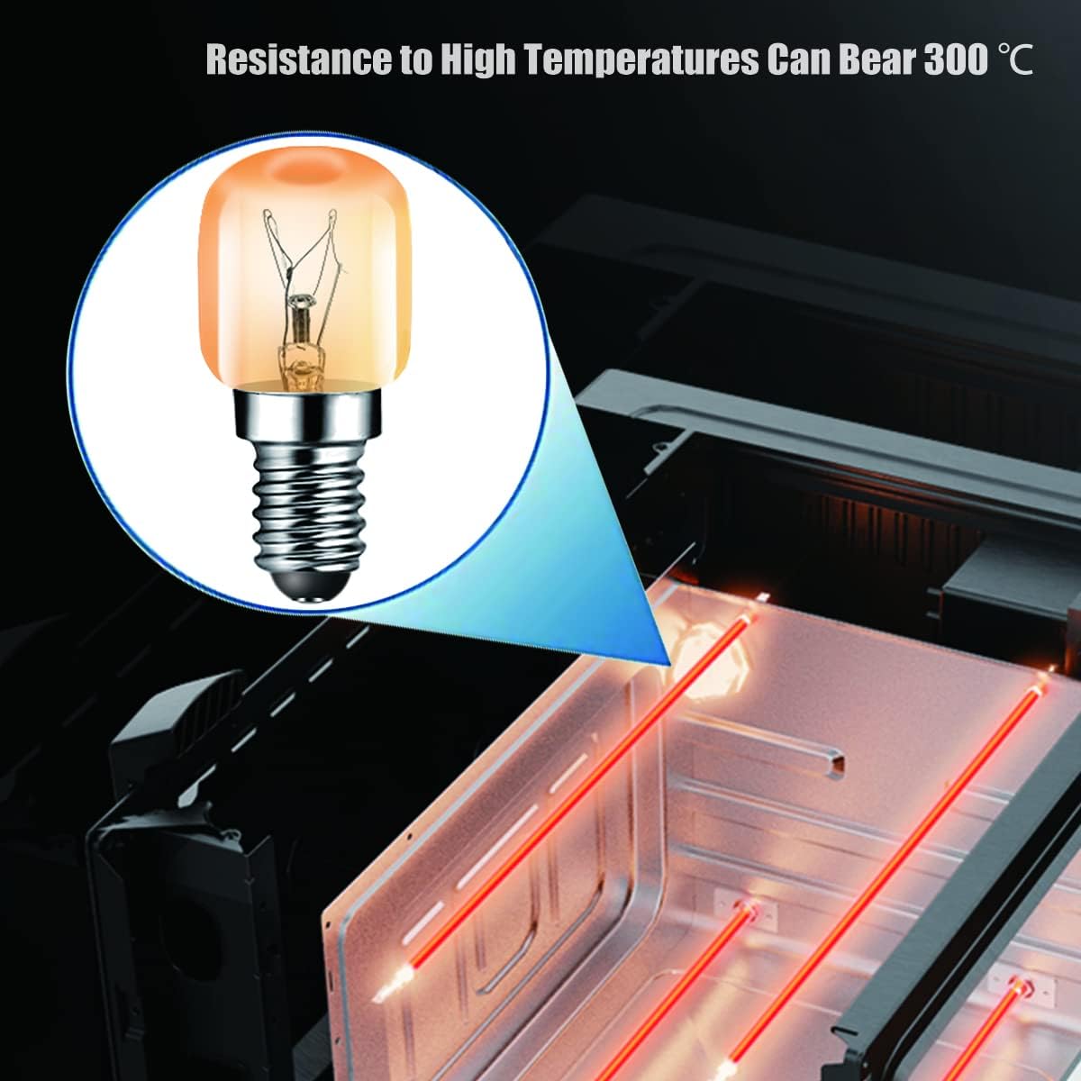 High-temperature resistant light bulb with a close-up inset, used in an industrial setting.