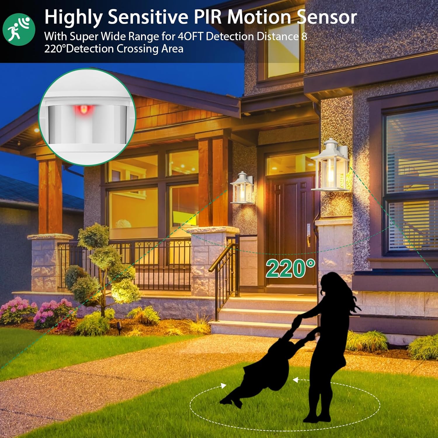 Highly sensitive PIR motion sensor with wide detection range in front of a house.