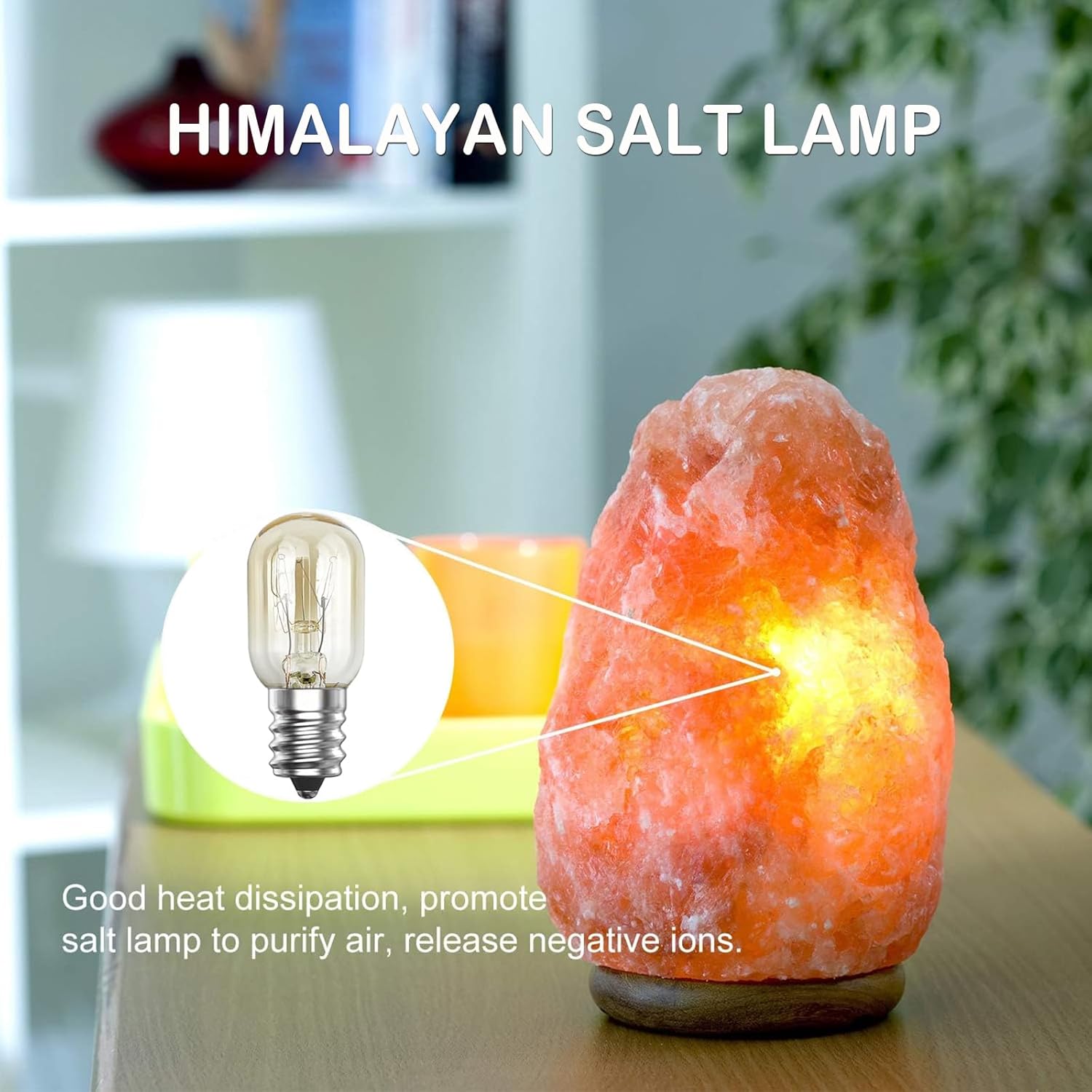 Himalayan salt lamp on a table with text explaining its benefits.