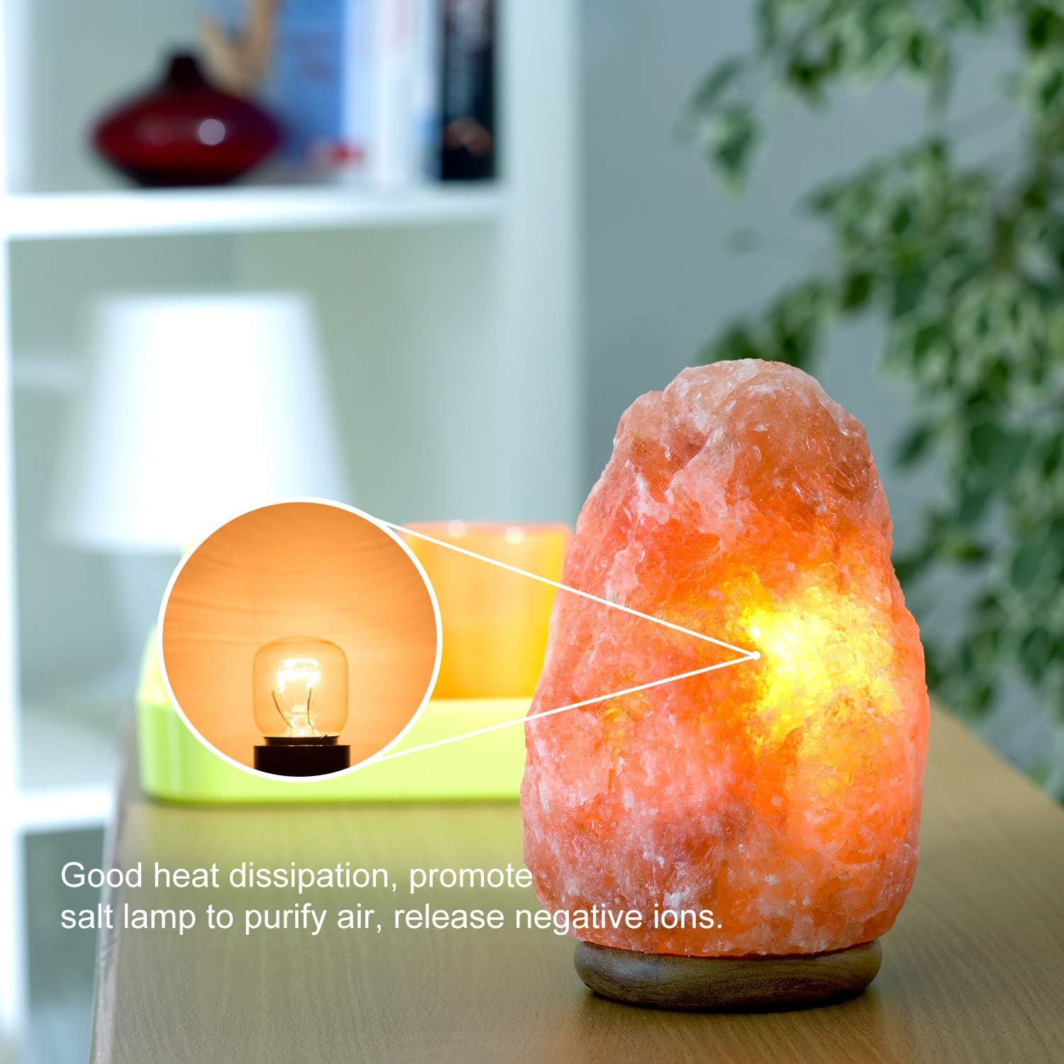Himalayan salt lamp on a wooden surface with text about air purification.