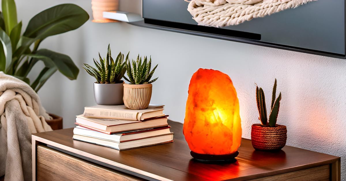 Himalayan salt lamp on a wooden table with books and plants in a home setting