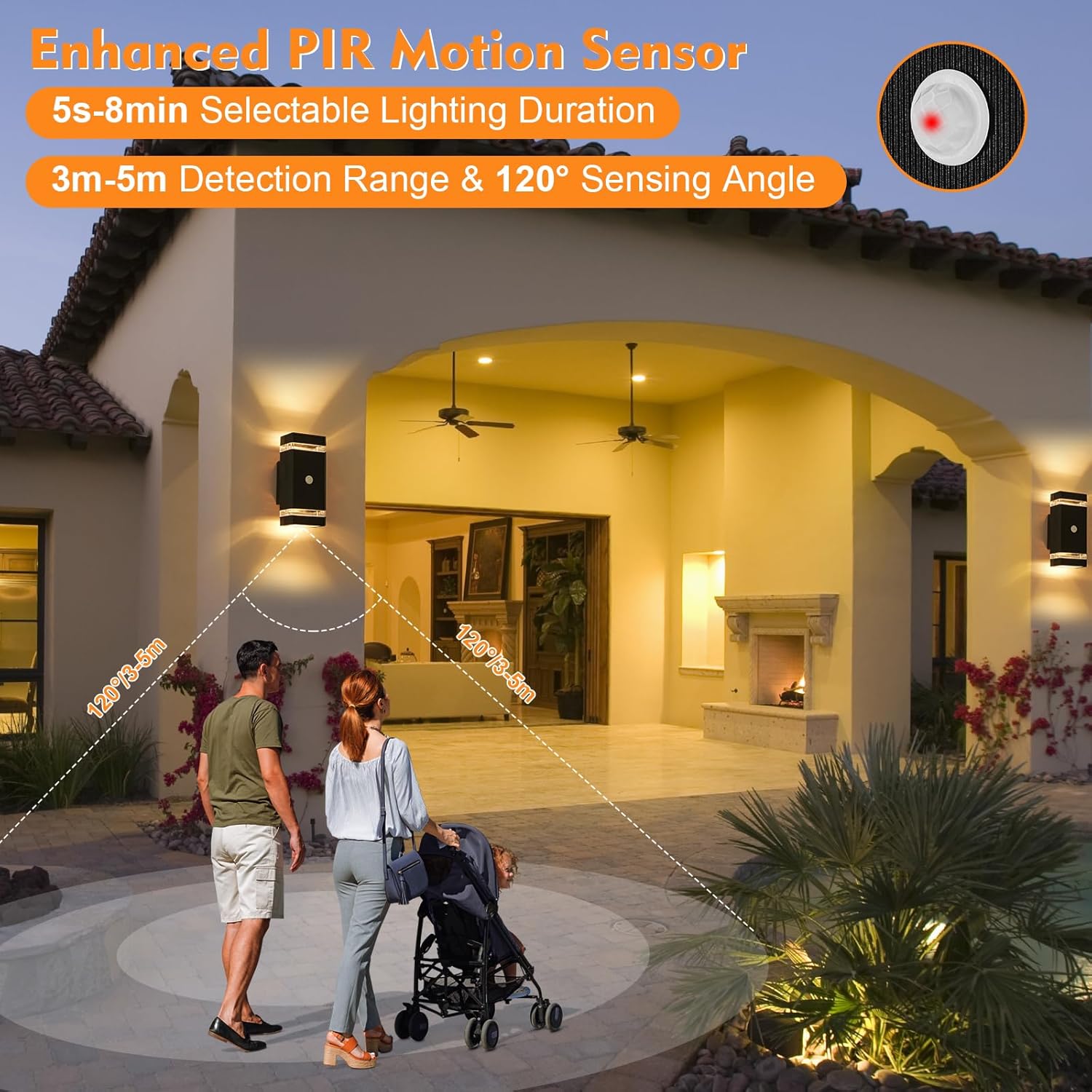 Home exterior with people walking and a baby in a stroller, featuring an enhanced PIR motion sensor.