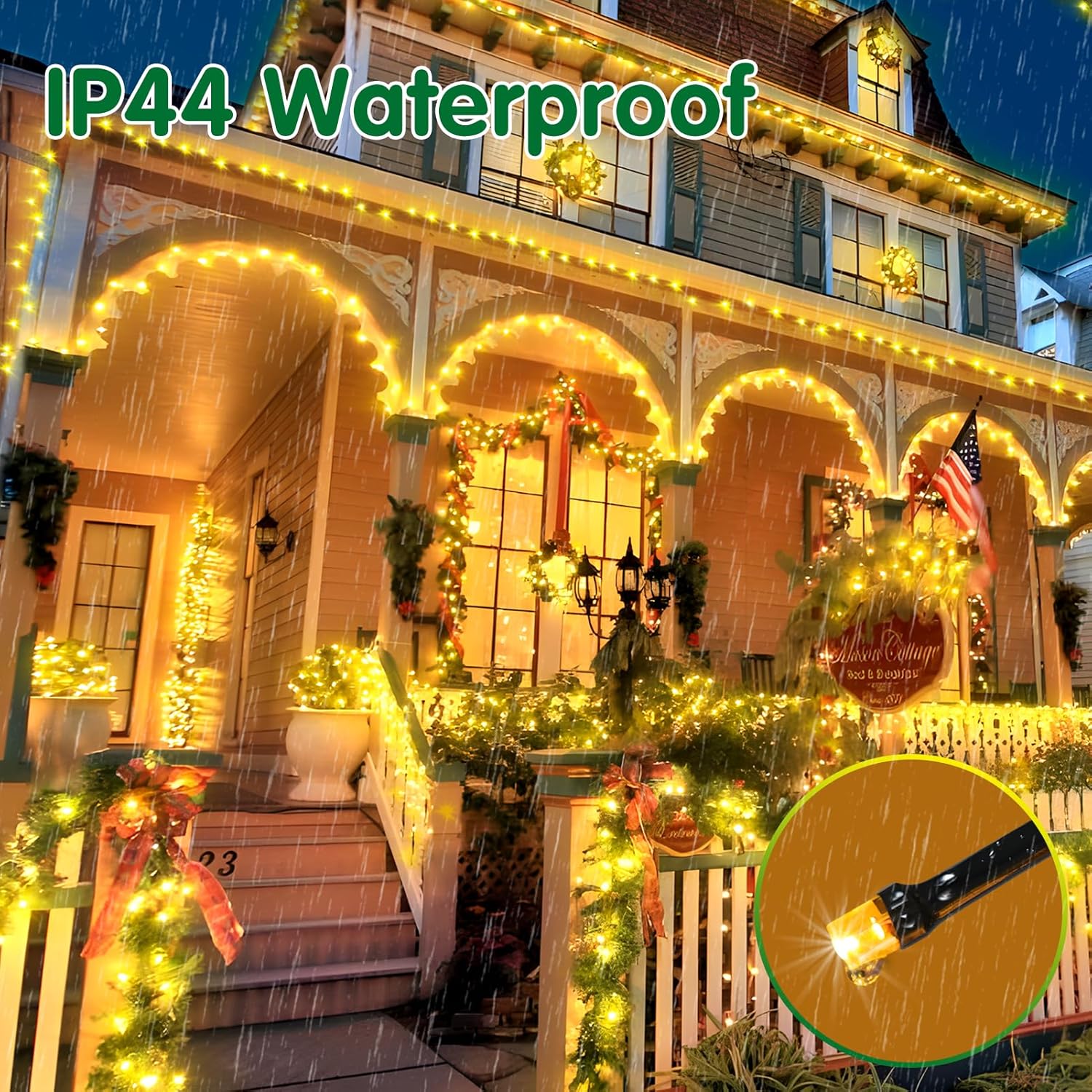 House exterior decorated with IP44 waterproof string lights during a snowfall.
