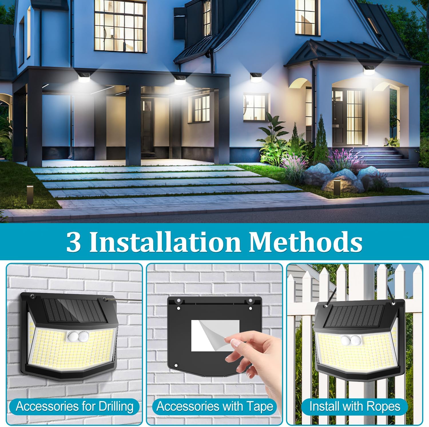 House exterior with solar lights installed, showcasing 3 installation methods.