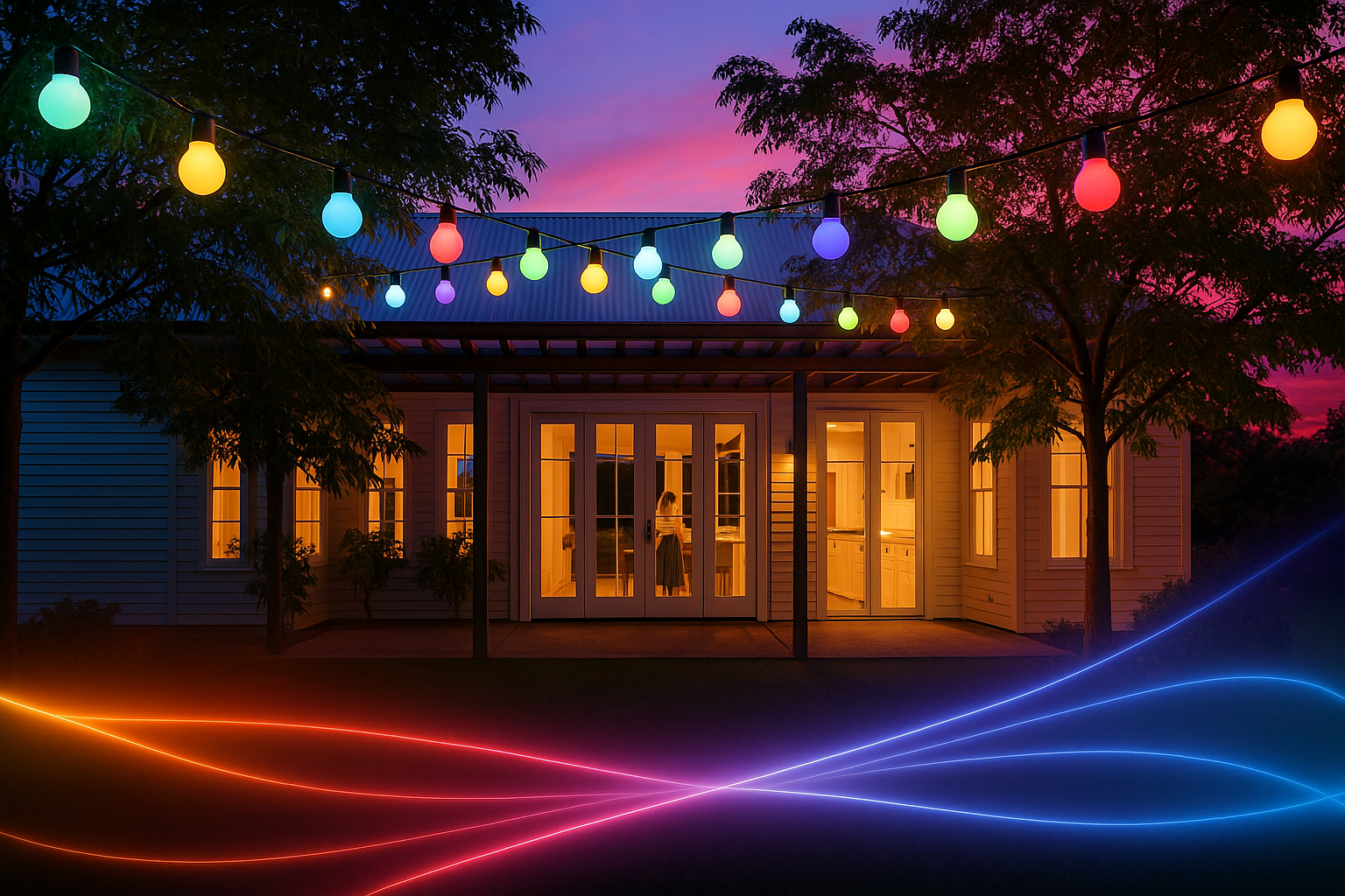 House with colorful string lights during sunset