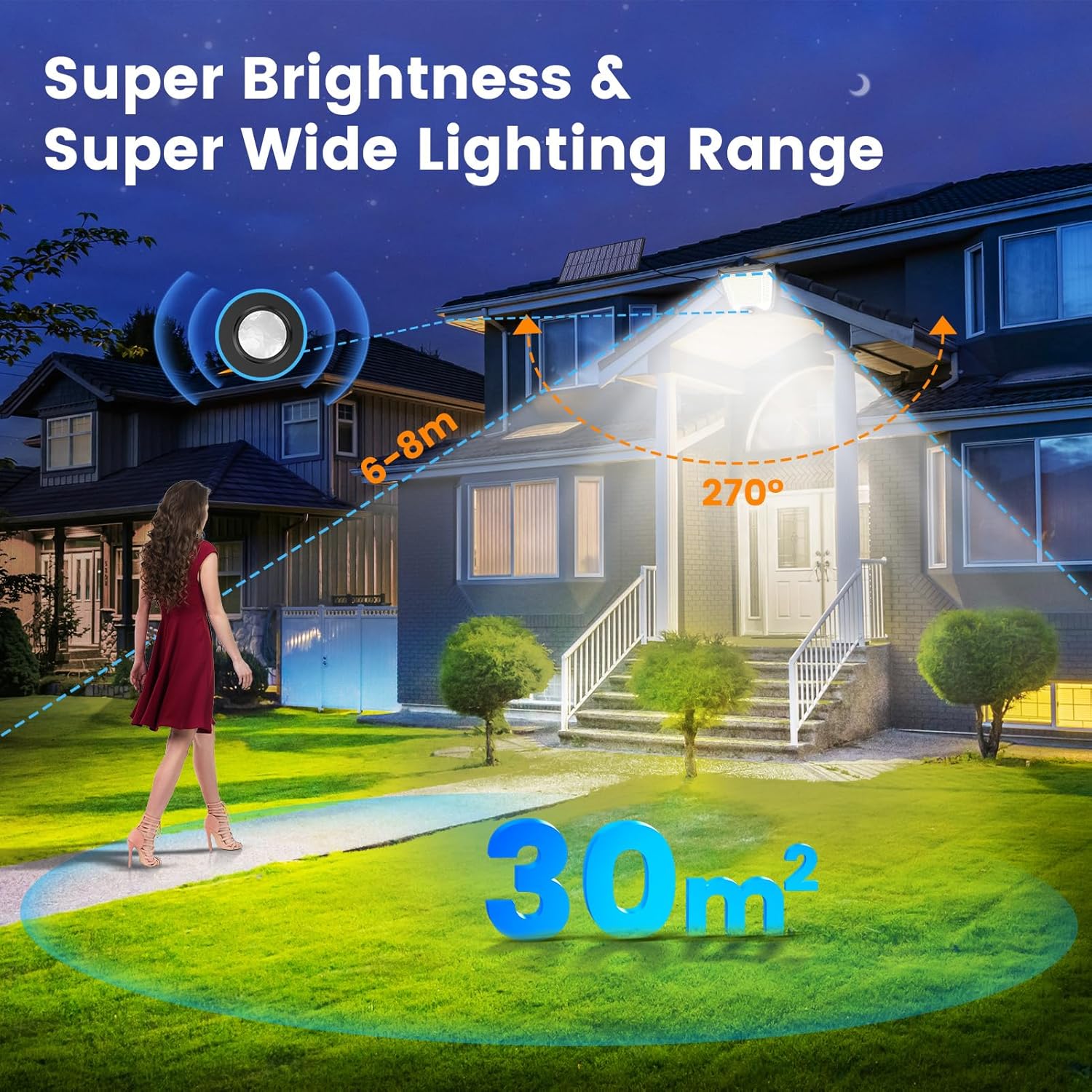 House with solar light system highlighting super brightness and wide lighting range, woman walking towards house.