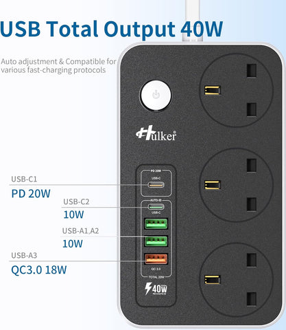 Huker power strip with multiple USB ports and sockets on a white background