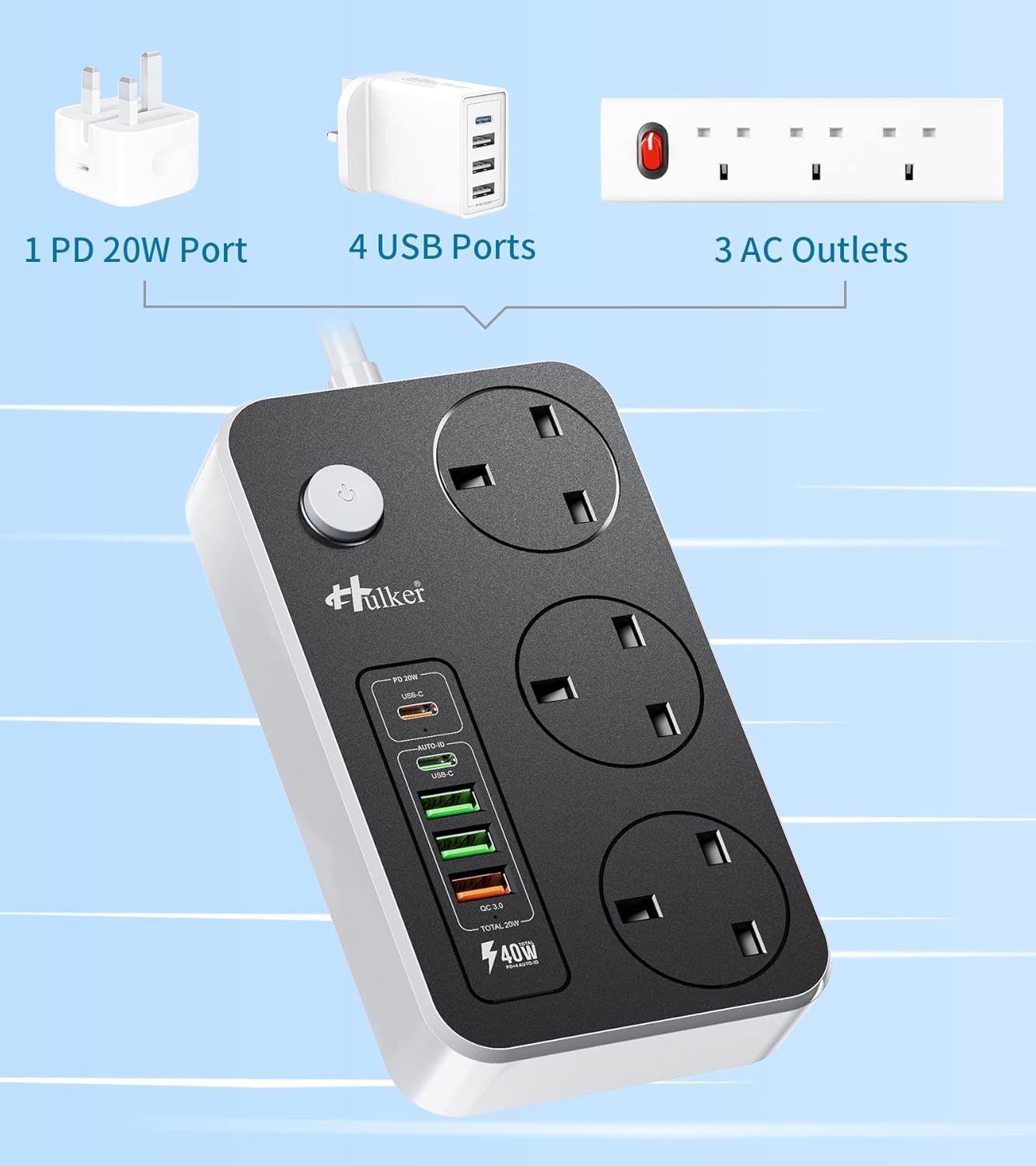 Hukker power strip with multiple ports on a light blue background