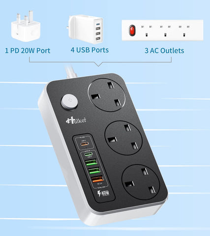 Hukker power strip with multiple ports on a light blue background