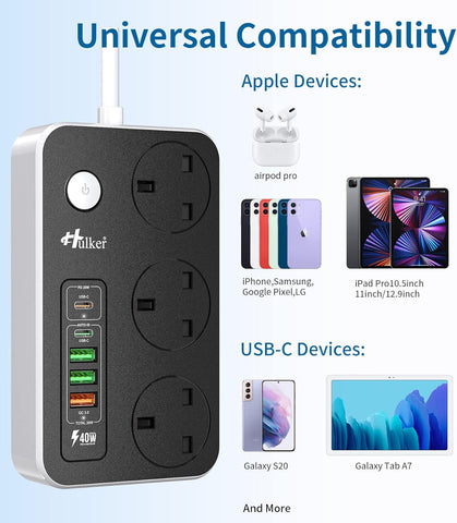 Hulker power strip with compatibility icons for Apple and USB-C devices on a light blue background