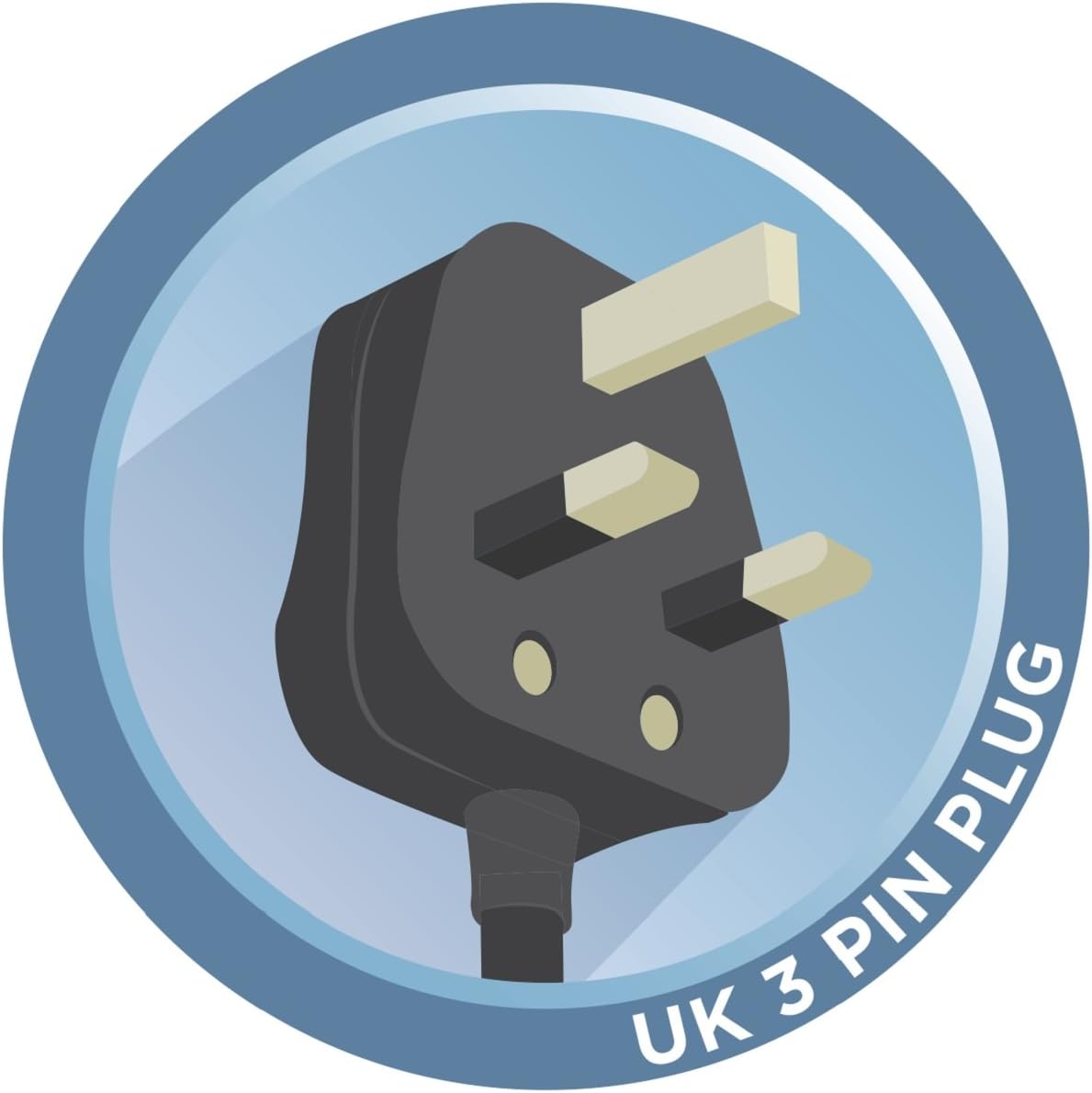 Illustration of a UK 3-pin plug on a blue background