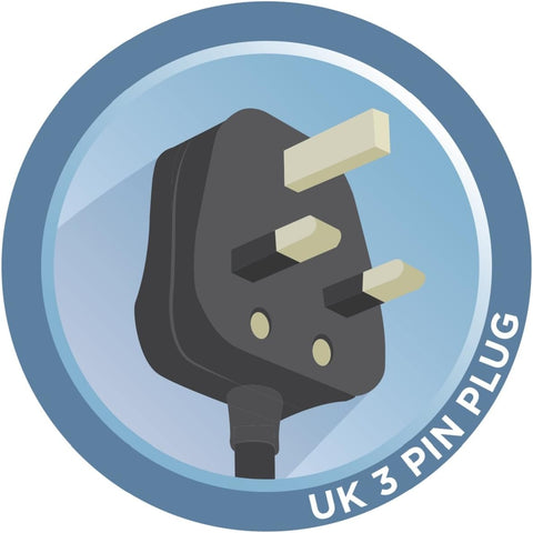 Illustration of a UK 3-pin plug on a blue background