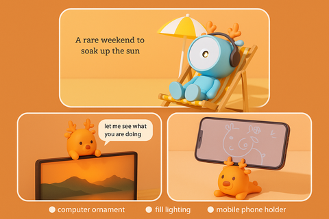 Illustration of a blue character with headphones sitting on a deck chair, an orange character looking at a computer screen, and a phone with a drawing on an orange background.