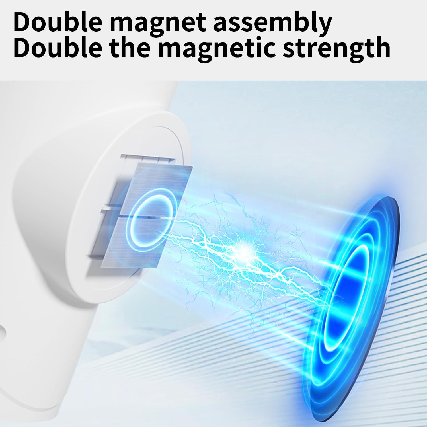 Illustration of a double magnet assembly with magnetic fields and text indicating doubled magnetic strength.