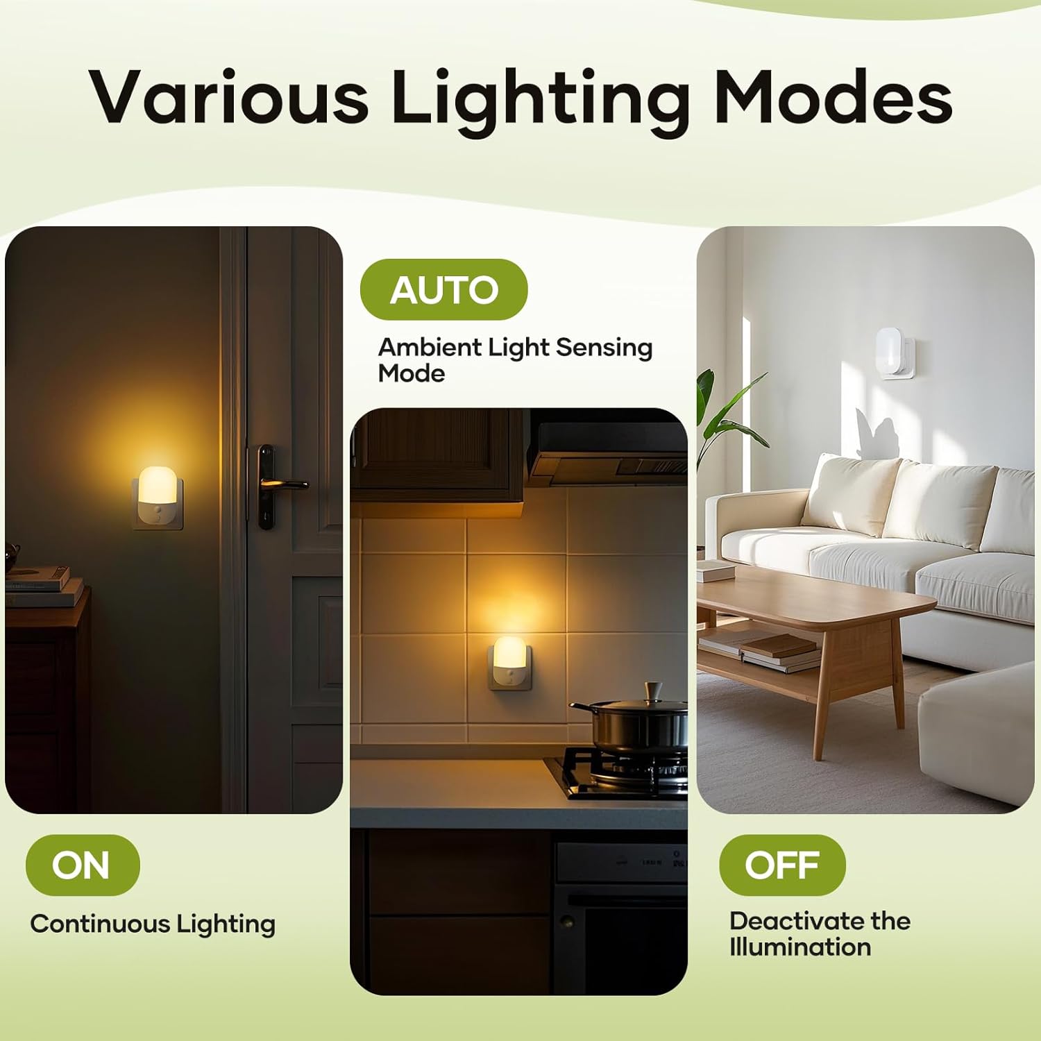 Illustration of a light fixture with various lighting modes displayed on a green background.