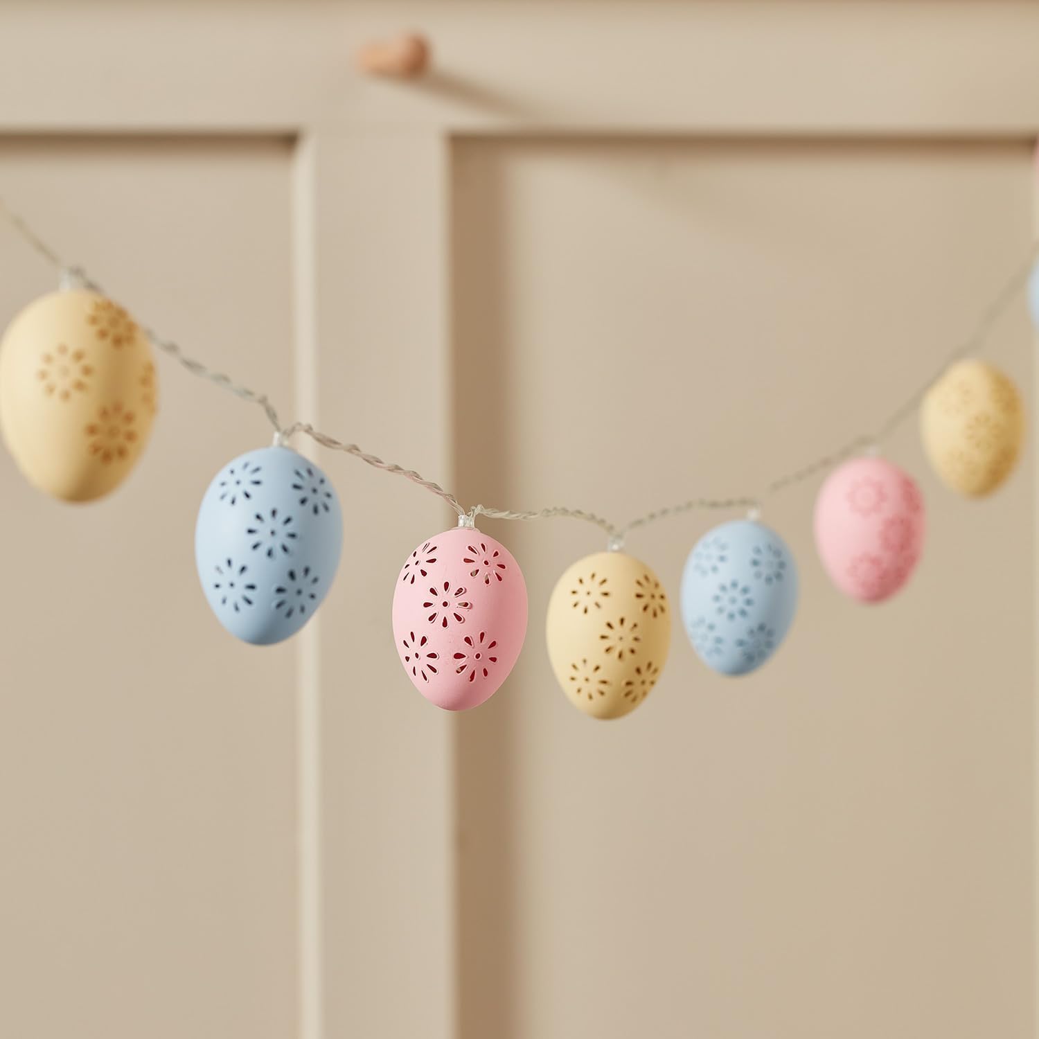 Indoor Easter fairy lights with pastel eggs and warm white LEDs