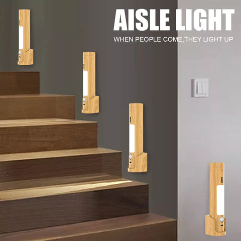Battery-operated wooden wall lamp providing warm white illumination

