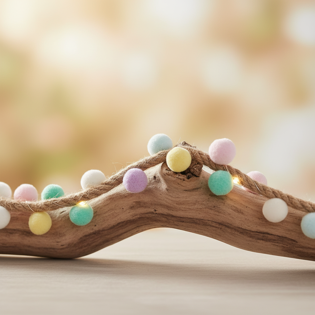 Indoor pastel pom pom fairy lights with soft warm glow