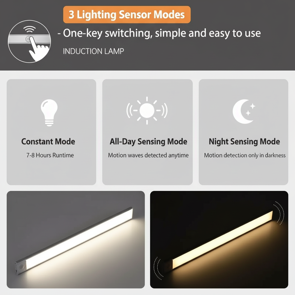 Induction lamp with three lighting sensor modes on a gray background