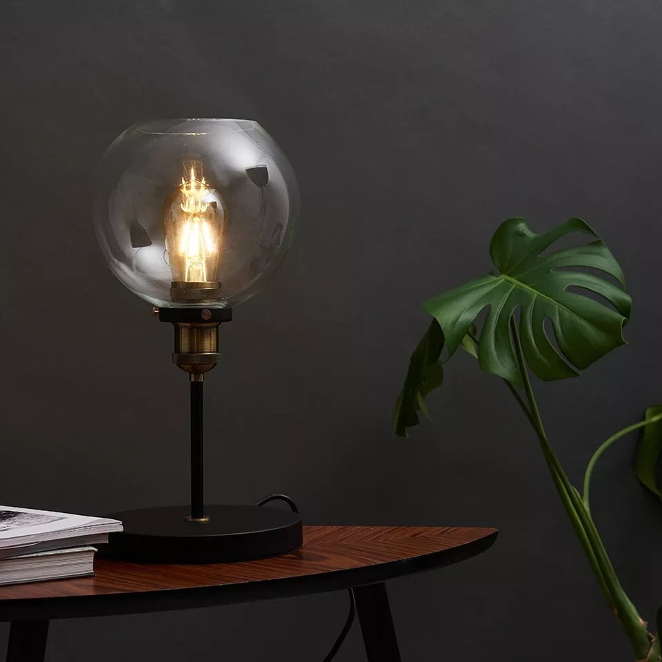 Industrial Steampunk Style Black and Gold Table Lamp with a Clear Glass Globe Shade | Table Lamps, Home Décor & Improvement Essential | Includes 4W LED Bulb [2700K Warm White]