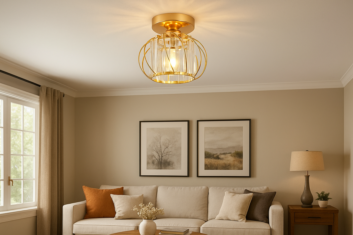 Industrial gold ceiling light with crystal frame

