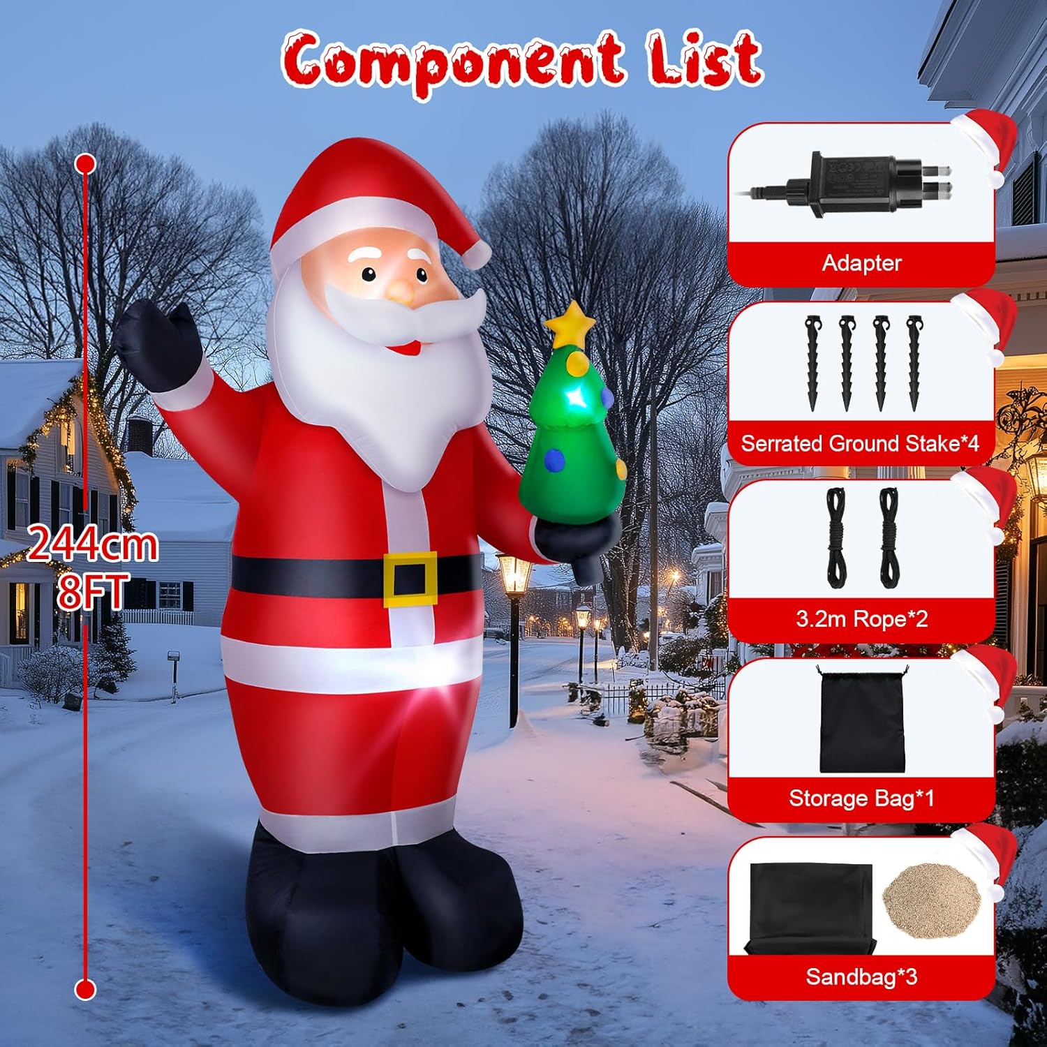 Inflatable Santa Claus decoration with component list on a snowy background