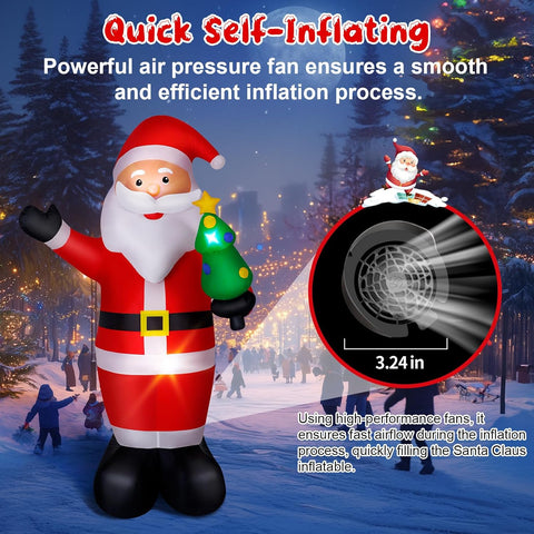 Inflatable Santa Claus figure with air pressure fan feature in a snowy outdoor setting.