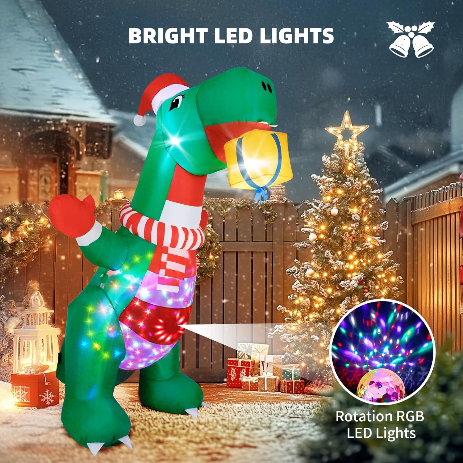 Inflatable dinosaur Christmas decoration with LED lights in front of a decorated tree.