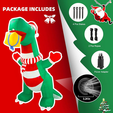 Inflatable dinosaur decoration with Christmas sweater and accessories on a red and green background