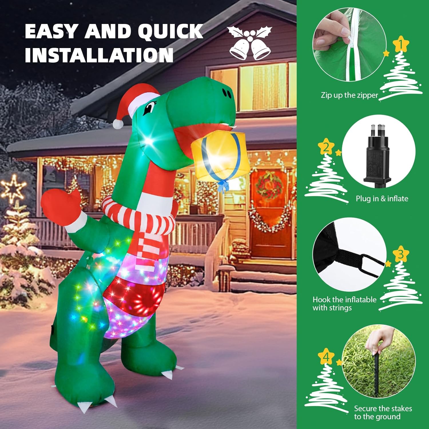 Inflatable dinosaur decoration with LED lights in front of a house decorated for Christmas.