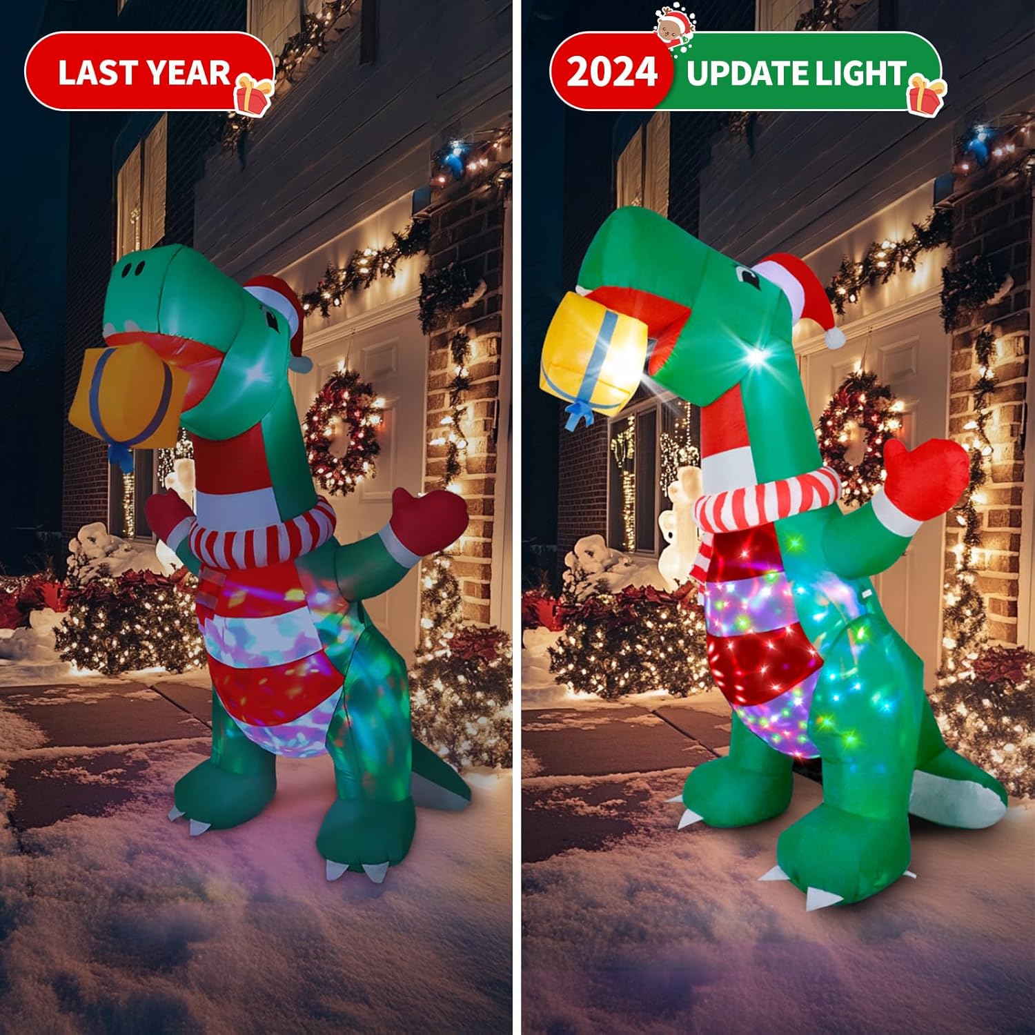 Inflatable dinosaur decoration with holiday lights and decorations, side by side comparison of 'Last Year' and '2024 Update Light'.