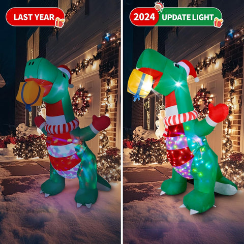 Inflatable dinosaur decoration with holiday lights and decorations, side by side comparison of 'Last Year' and '2024 Update Light'.